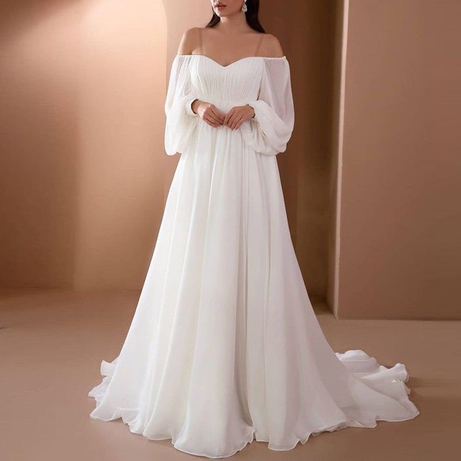 Elegant Chiffon Dresses for Women Summer Autumn  Off Shoulder White Long Dr image 1