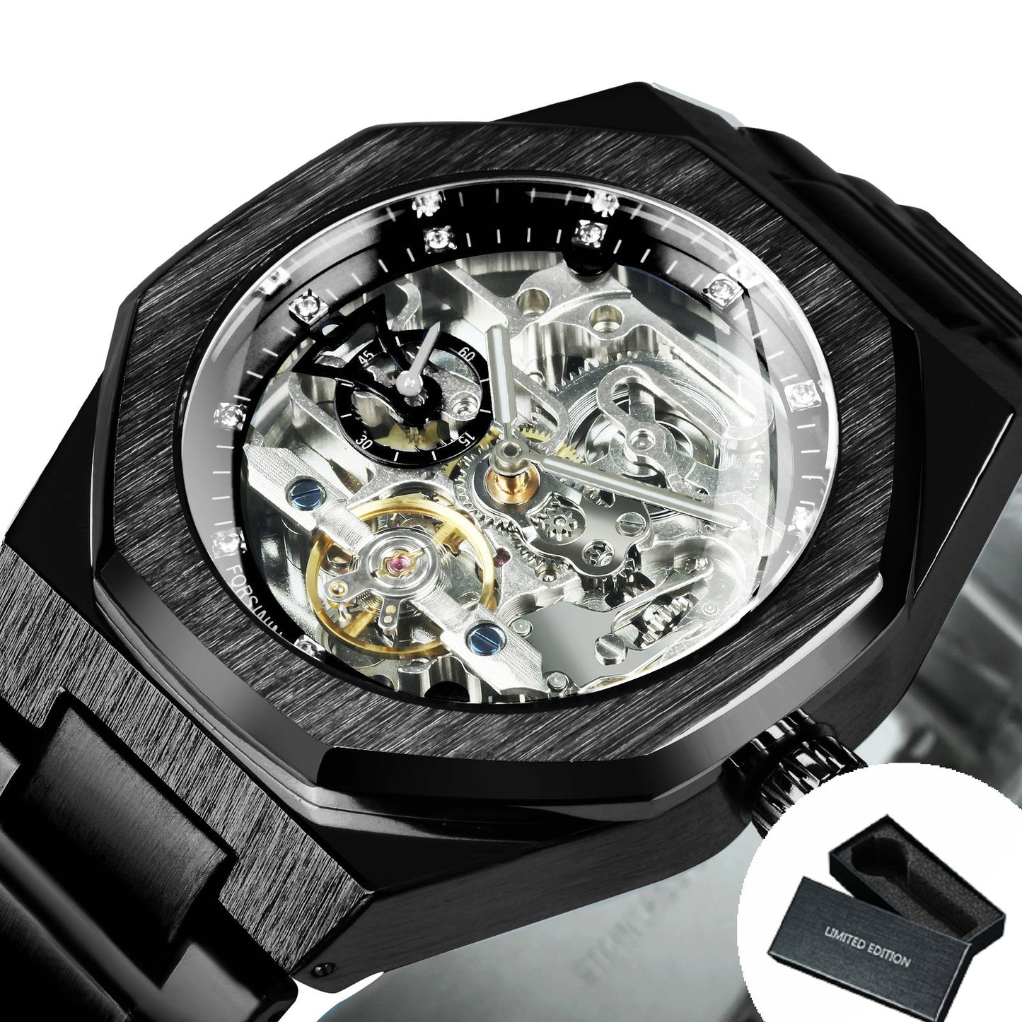 Forsining Black Automatic Watch 3D Diamond Dial Irregular Skeleton Mechanical W image 4