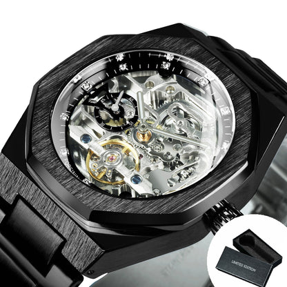 Forsining Black Automatic Watch 3D Diamond Dial Irregular Skeleton Mechanical W image 4