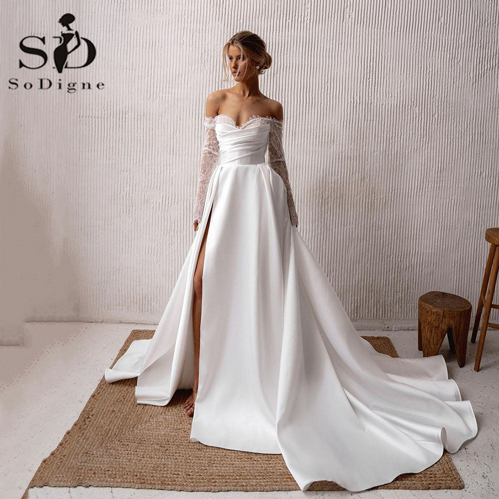 SoDigne  Modern Wedding Dresses Sweetheart Lace Long Sleeves Bride Dress