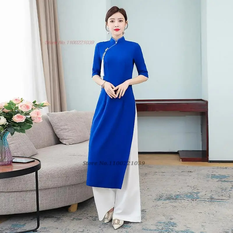 2024 vietnam traditional clothing aodai vietnam dress+pants set improved cheong