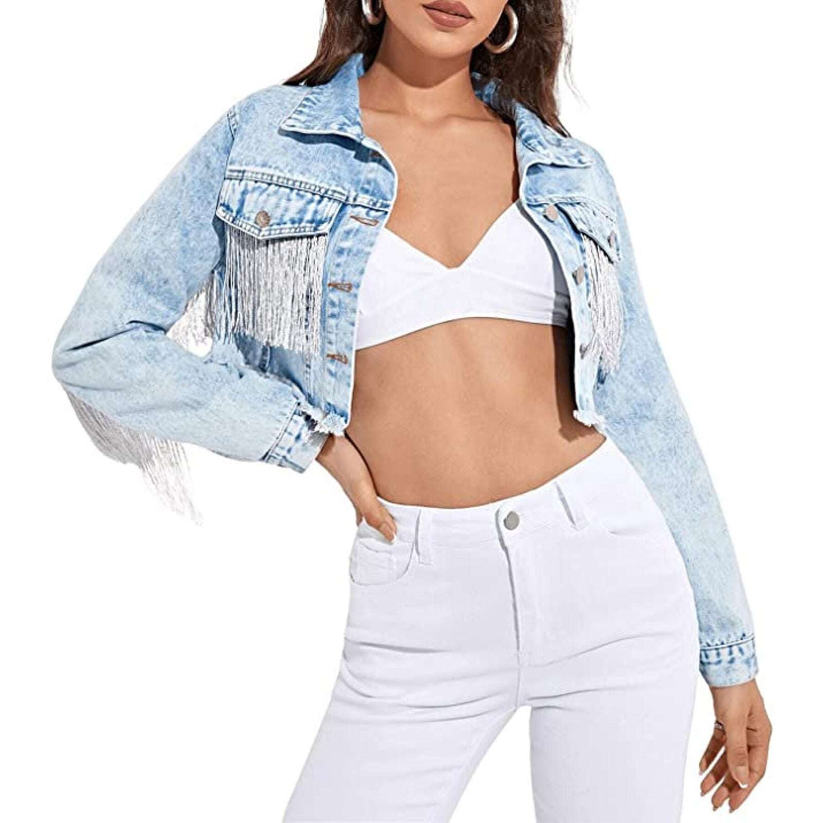 Women Denim Jacket with Long Sleeves Turn-down Collar Button Closure and Tass