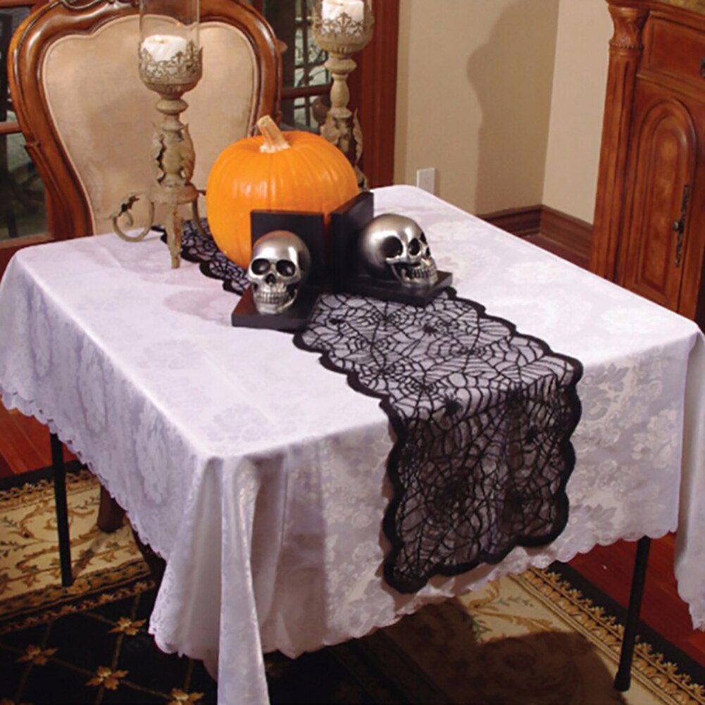 1pcs Black Lace Spider Web Cobweb Tablecloth Table Runner Fireplace Mantle Curt image 2
