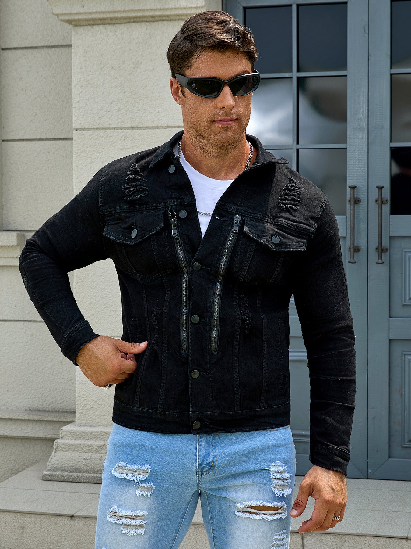 Men's fashion elastic jacket, fashion trend washing water pressure wrinkled cat image 3