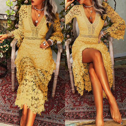 Elegant White Lace Hollow Out Party Dress for Women V-neck Flare Sleeve Fl image 1