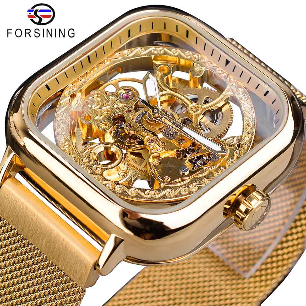 Forsining Golden Men Automatic Watch Square Skeleton Mesh Steel Band Mechanical image 1