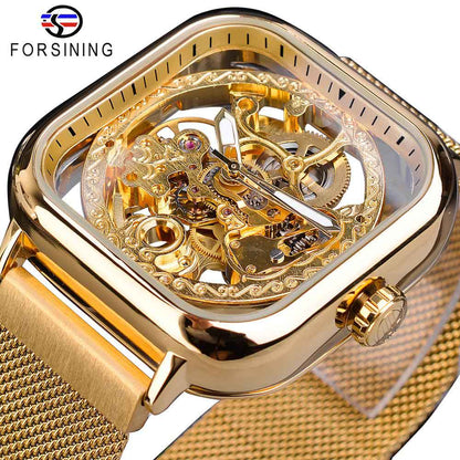 Forsining Golden Men Automatic Watch Square Skeleton Mesh Steel Band Mechanical image 1