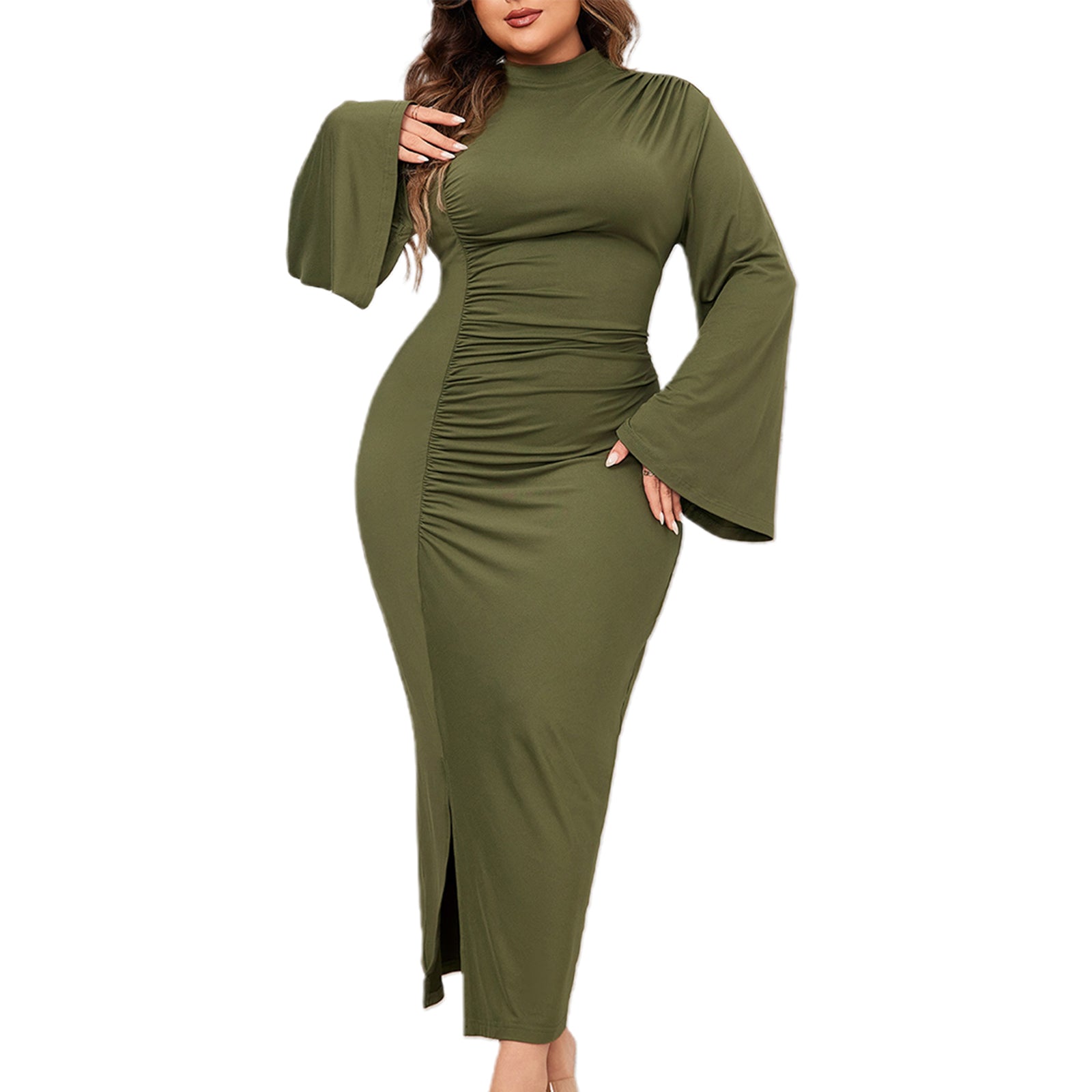 Elegant Women s Winter Maxi Dress with Long Sleeves and Side Slit Round Necklin image 1