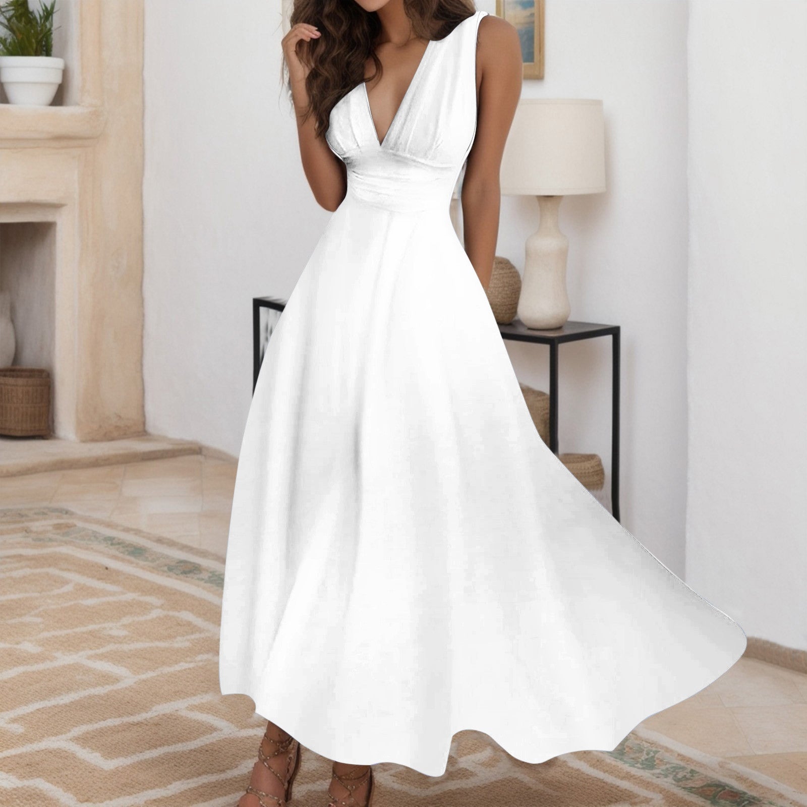 A Line Sleeveless White Dresses Woman Casual High Waist Slim Fit Large Swing Lo