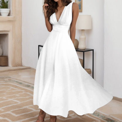 A Line Sleeveless White Dresses Woman Casual High Waist Slim Fit Large Swing Lo