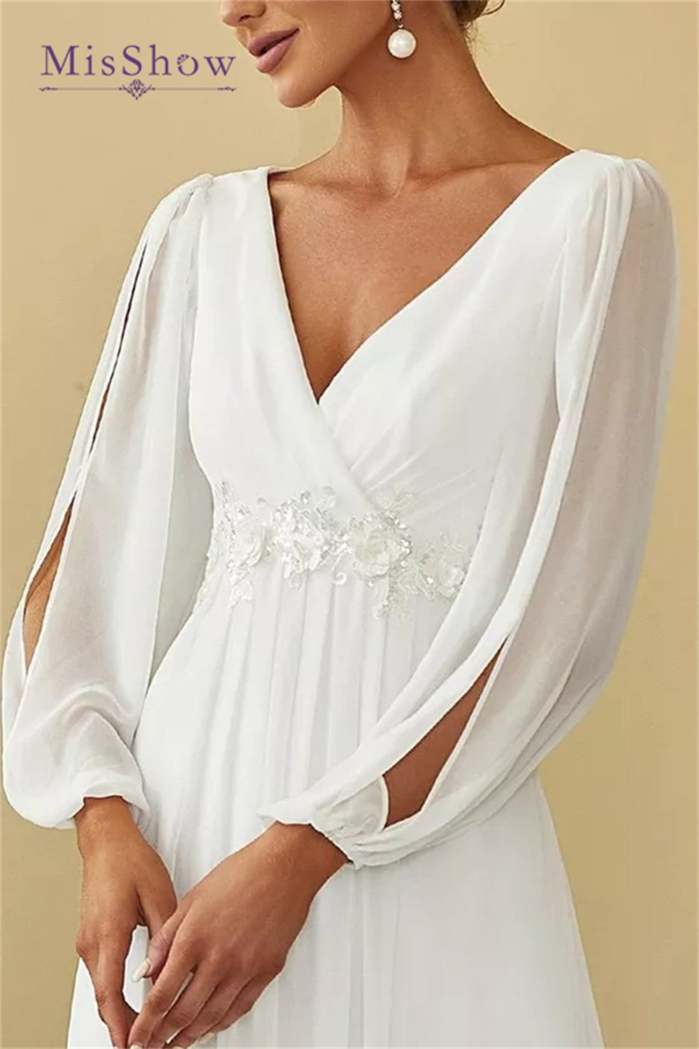 MisShow Simple Wedding Dresses For Women 2024 Elegant V-Neck Chiffon White Long image 3