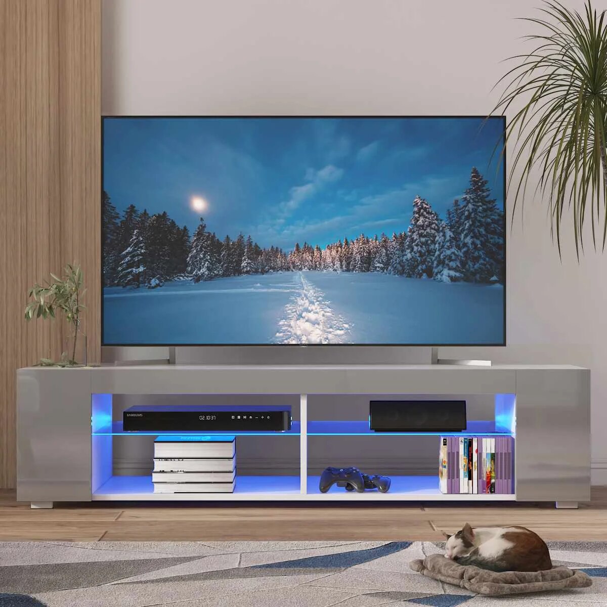 High Gloss Modern TV Stand Bookshelves With LED Light 4-Shelf Console Cabinet H image 5
