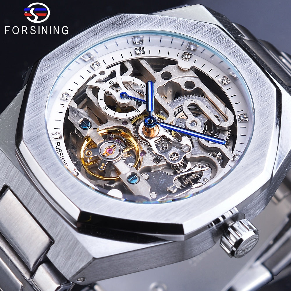 Forsining Casual Automatic Watch 3D Diamond Skeleton Hollow Mens Wristwatches L image 5