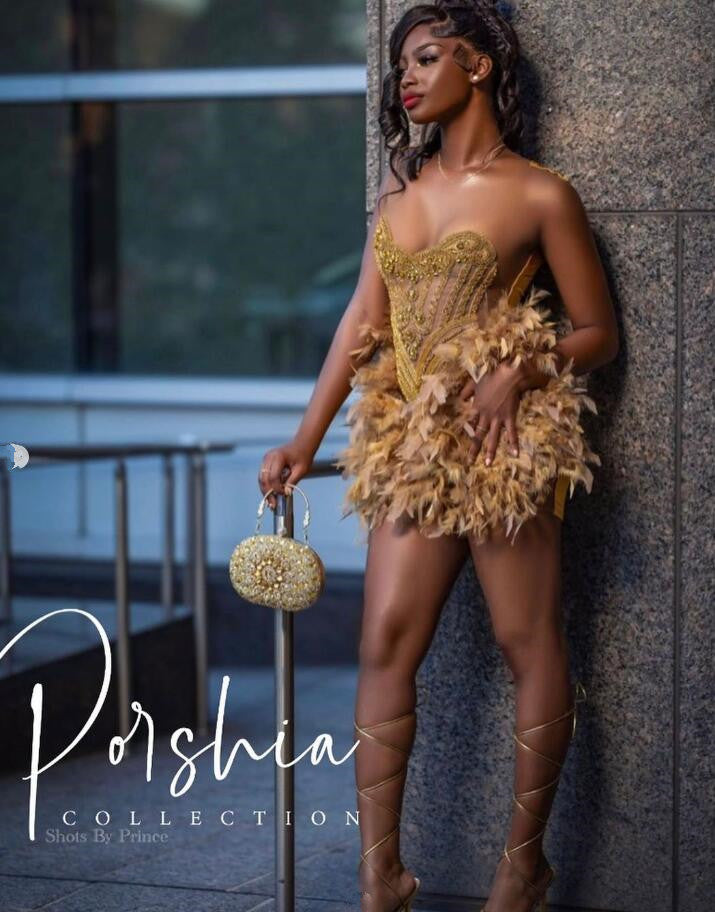 Gold Sparkly Short Prom Homecoming Dresses for Women Luxury Diamond Crystal Fea image 1