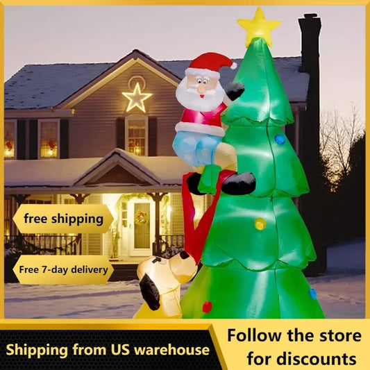 7FT Inflatables Lighted Christmas Tree with Santa Claus and Dog, Blow Up Indoor image 0