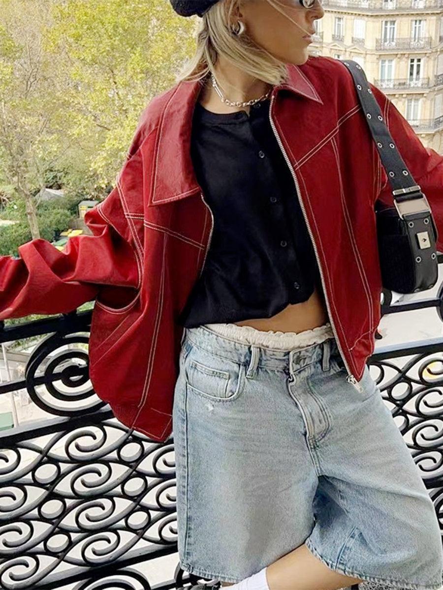 Women Faux Leather Jacket  Lightweight Zipper Front Long Sleeve Coat f