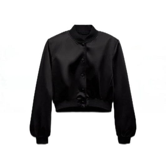 Women Autumn New Silk Satin Texture Bomber Jacket Round Collar Long Slee