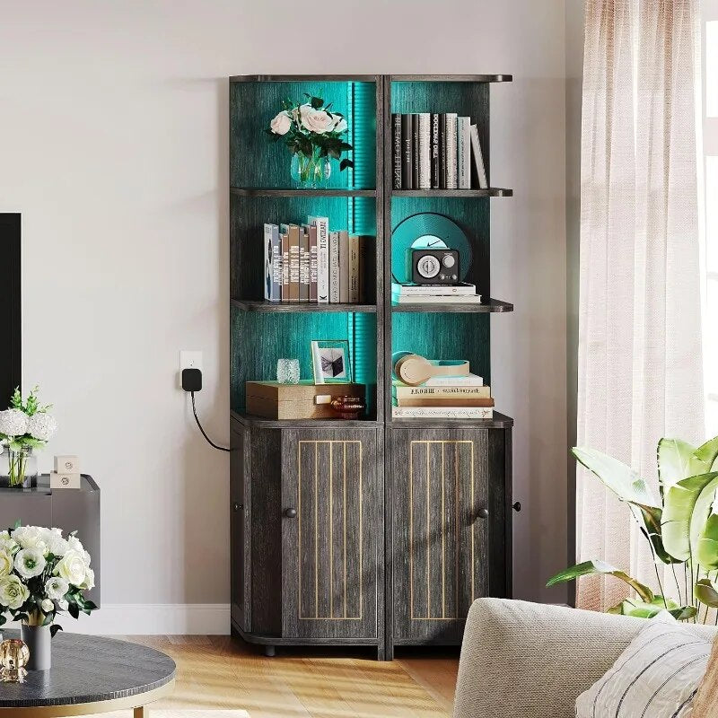 Living Room Cabinet Corner Cabinet with LED Lights, 71.1 "bookcase with Storage image 2