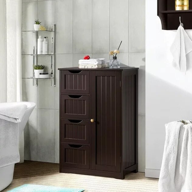 Alden Design Wooden Bathroom Storage Cabinet with 4 Drawers & Cupboard, White image 1