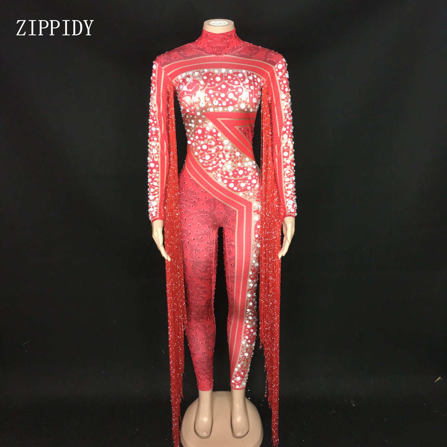 Red Fringes Rhinestones Jumpsuit Stage Bodysuit Celebrate Dance Tassel Costume image 1