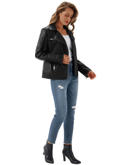 URBEST Women Faux Leather Jacket Black Motorcycle Moto Biker Short Coat image 3