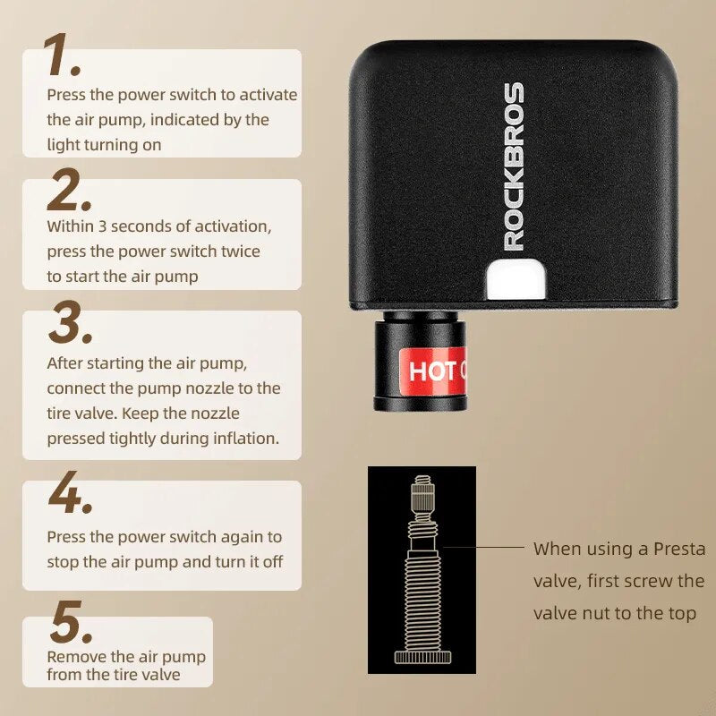 ROCKBROS Mini Electric Air Pump Portable 100PSI Rechargeable Compressor Tire In image 4