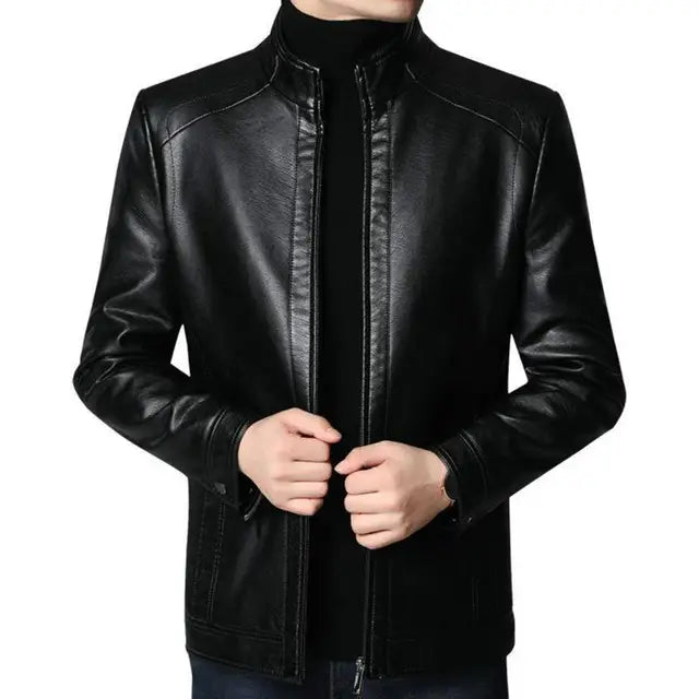 Men Faux Leather Jacket Men's Faux Leather Motorcycle Jacket with Stand Collar image 2