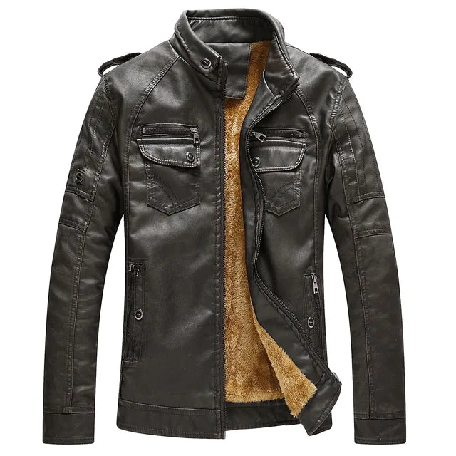 Motorcycle Jacket Men Slim Fit Collar Zipper Stand PU Leather Coat image 2
