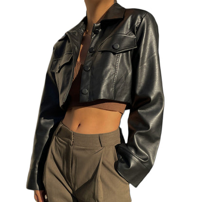 Women Crop Leather Jacket Solid Color Casual Long Sleeve Button Down Jacket Fal image 3