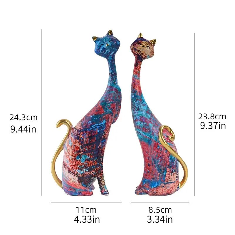 Colorful Cat Statue Oil Painting Cat Couple Sculptures Set Modern Resin Statue image 3