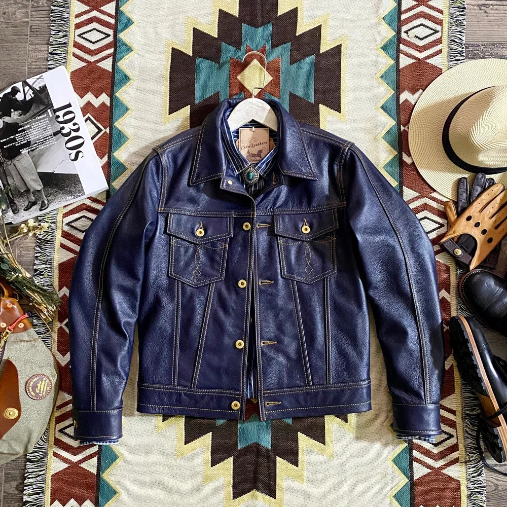 YR.Cuero Super slim blue genuine leather jacket.men classic casua image 1