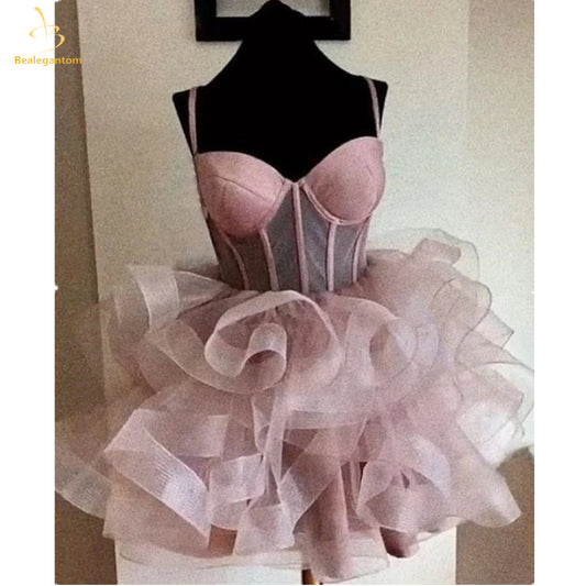 Bealegantom Gorgeous Spaghetti Strap Illusion Short Homecoming Dresses Organza Mini