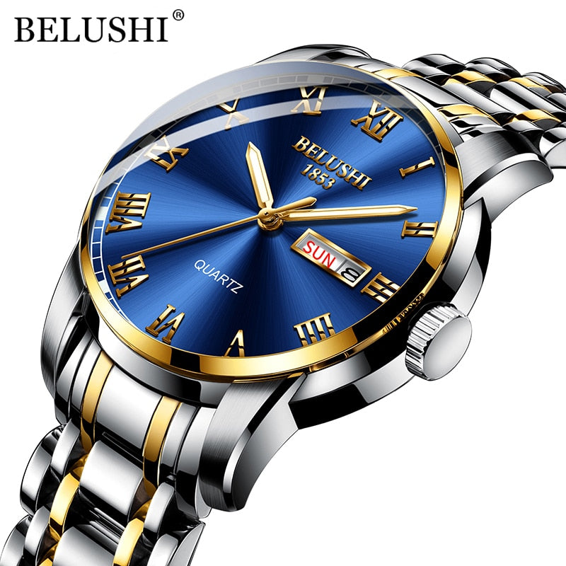 BELUSHI Men's Fashion Business Quartz Watches Top Luxury Brand Full Steel Water image 9