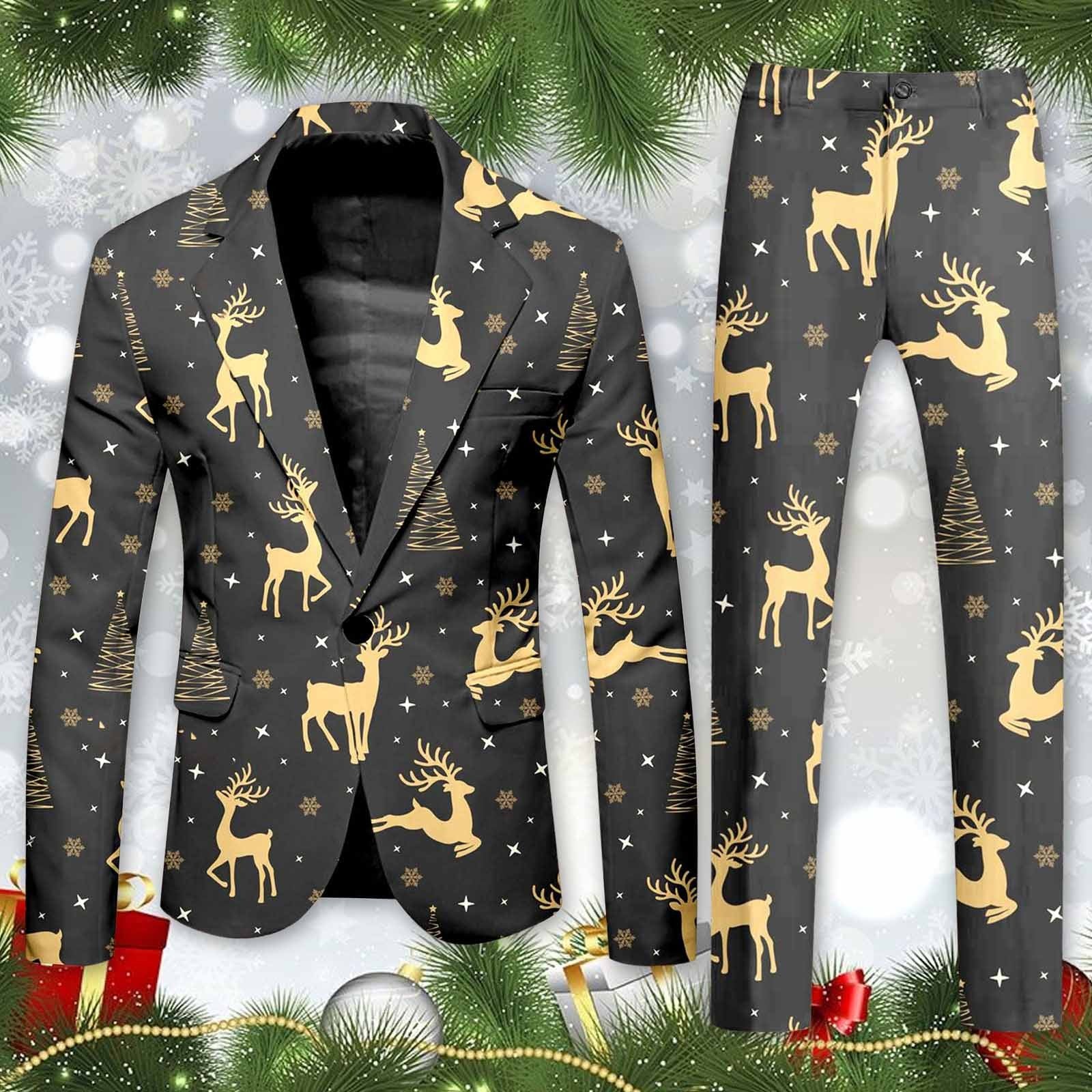 Blazer Men's Christmas 2 Piece Suit Set Snowflake Print Suit Jacket And Pants S image 4