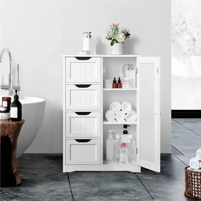 Alden Design Wooden Bathroom Storage Cabinet with 4 Drawers & Cupboard, White image 0