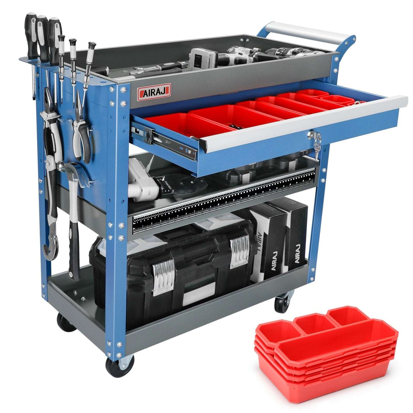 Airaj 3 Tier Rolling Tool Cart On Wheels, Metal Heavy Duty Mechanic Cart With Dr