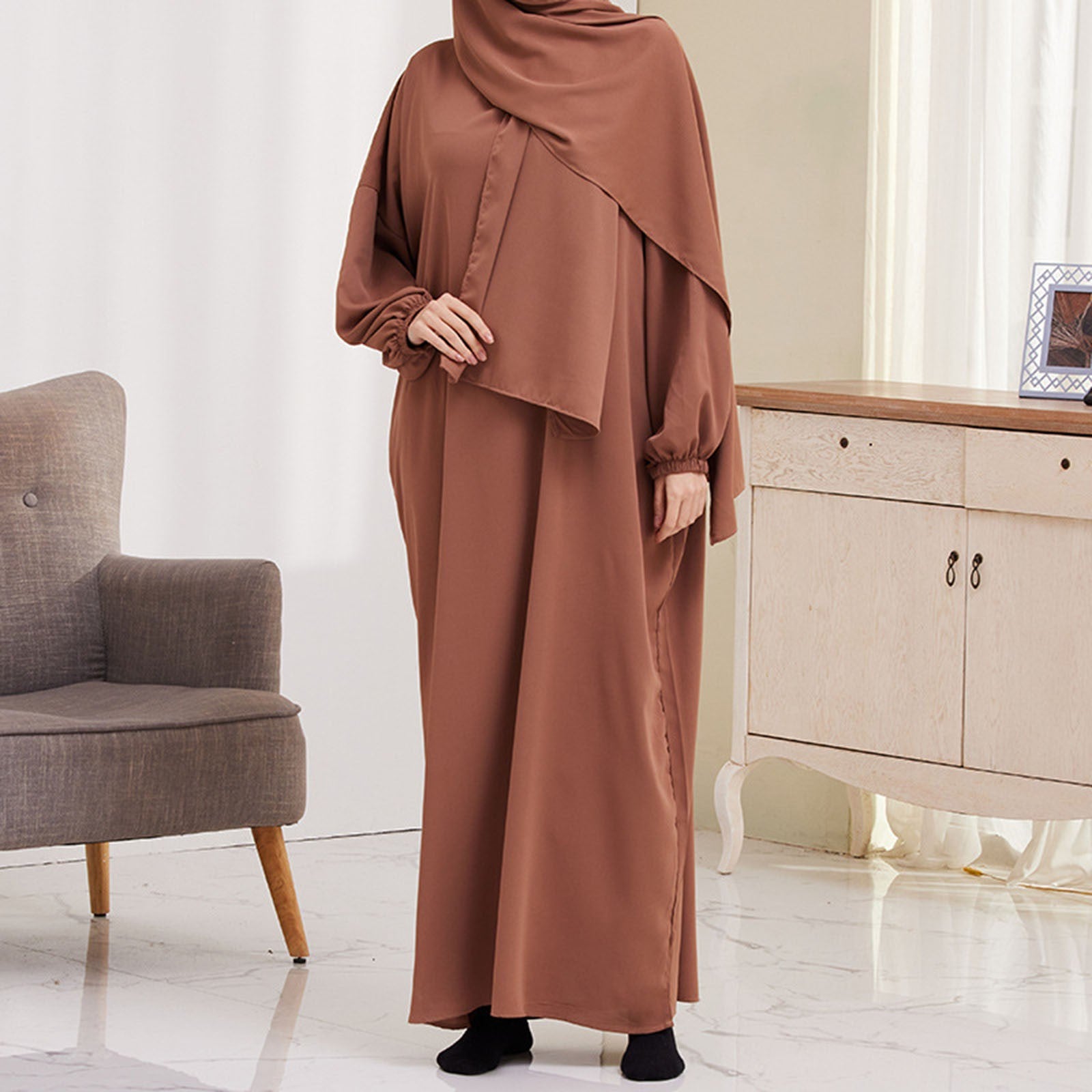 Muslim Plus Size Two Piece Set Long Shirt Long Skirt Robe Set Solid Colour Casu image 7