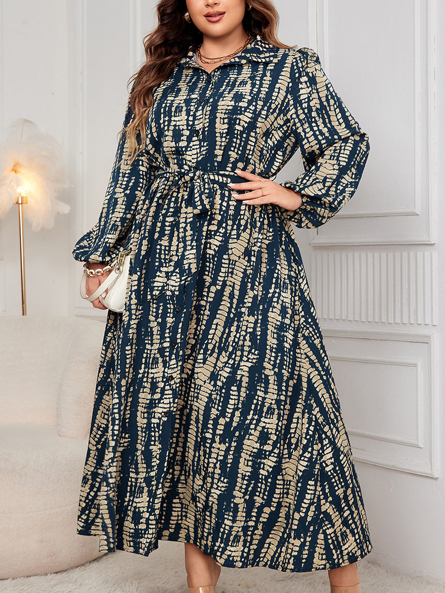 Women s Plus Size Floral Print V-Neck Long Sleeve Maxi Dress with Belt and Pock image 3