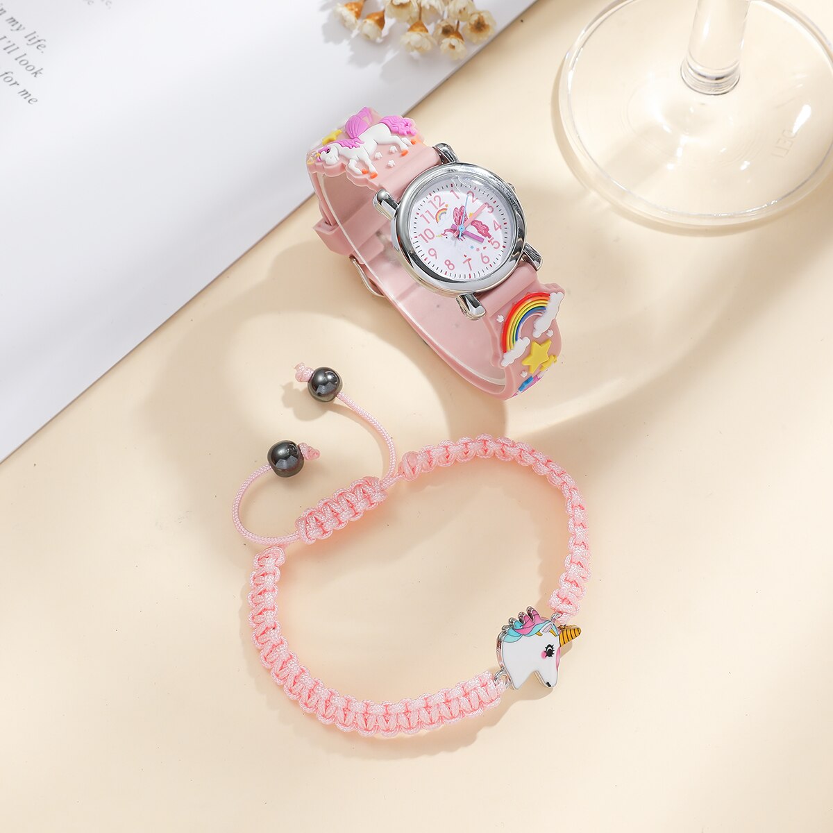 Kids Pink Cute Childrens Wristwatch Cartoon Pattern Quartz Watch Set For Girls  image 1