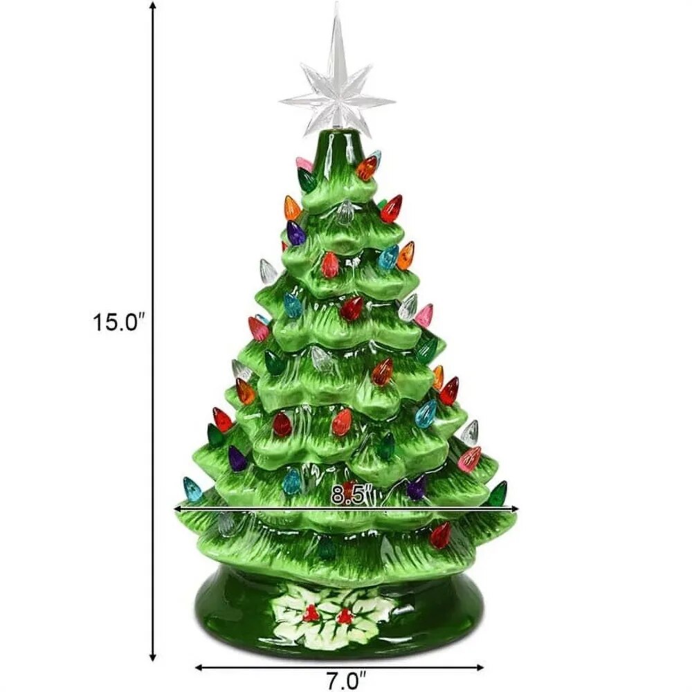 New 15 " Large Ceramic Christmas Tree Plug in Tabletop Artificial Green Chri image 5