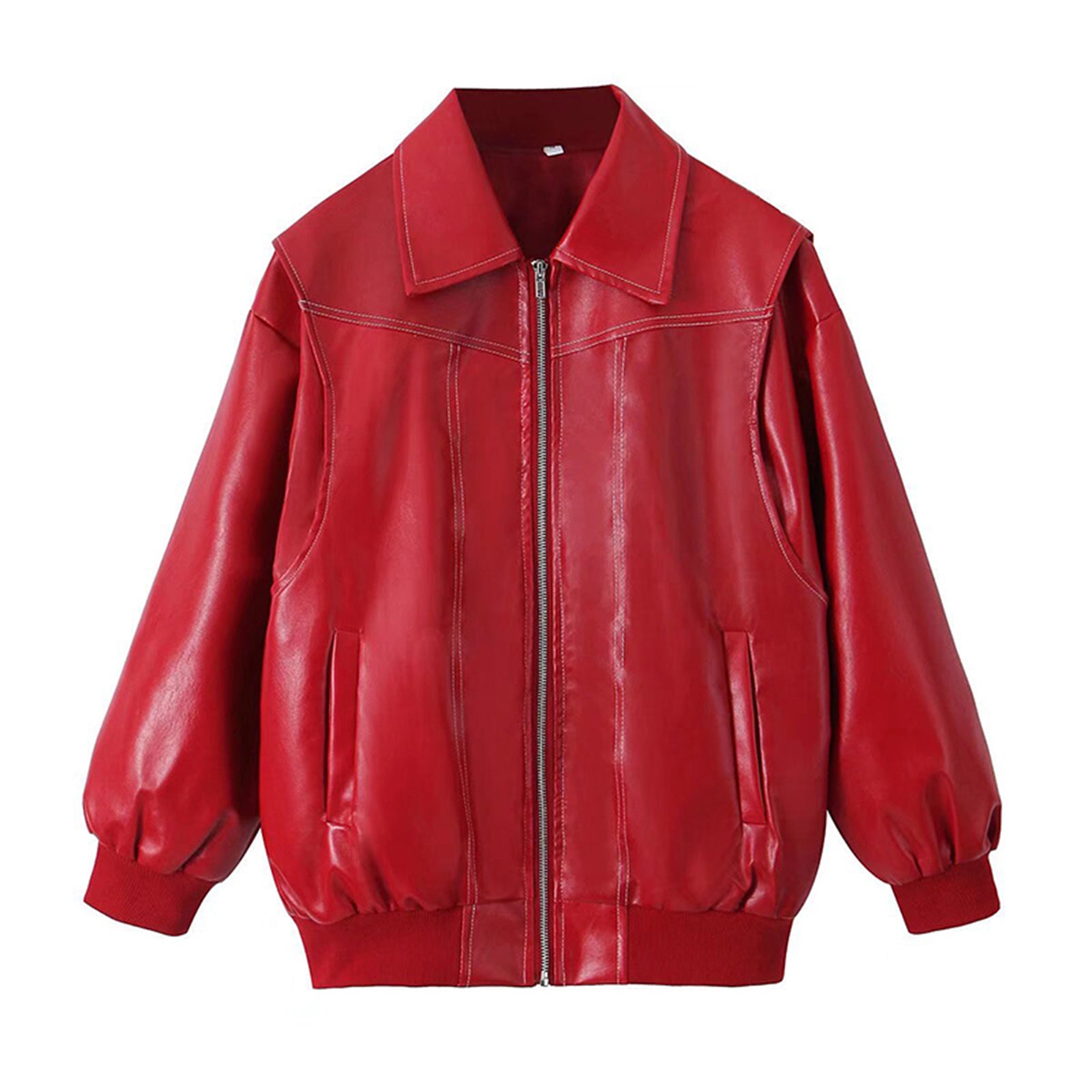 Women s Faux Leather Jacket Stylish Lightweight Zipper Front Long Sleeve Coat f image 2