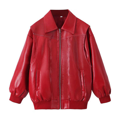 Women s Faux Leather Jacket Stylish Lightweight Zipper Front Long Sleeve Coat f image 2