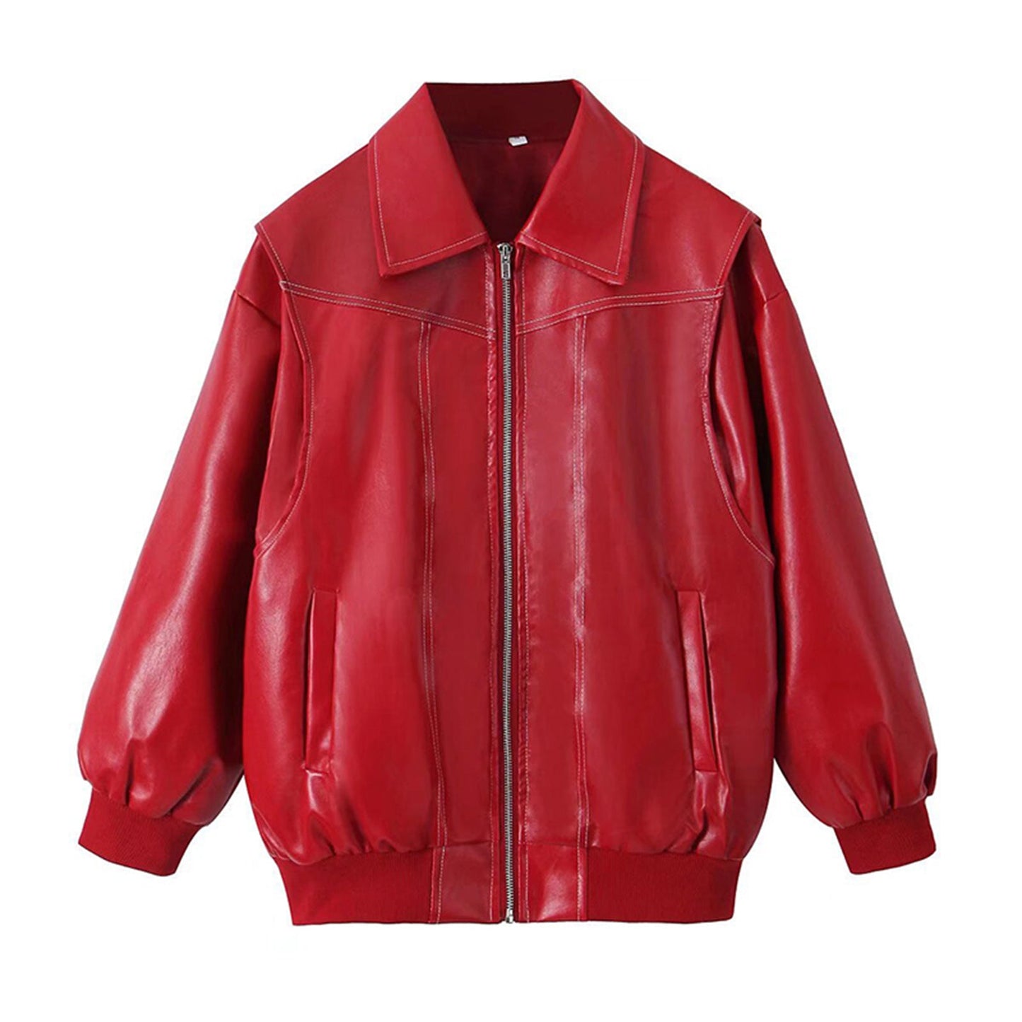 Women Faux Leather Jacket  Lightweight Zipper Front Long Sleeve Coat f