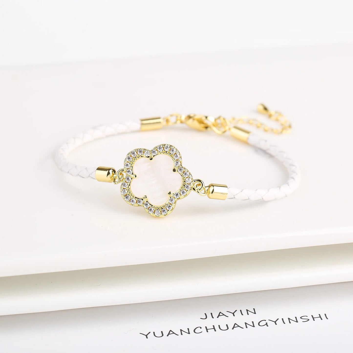 INS Hot Sale Shiny Zirconia Five-Leaf Flower Leather Adjustable Bracelet Classi image 9