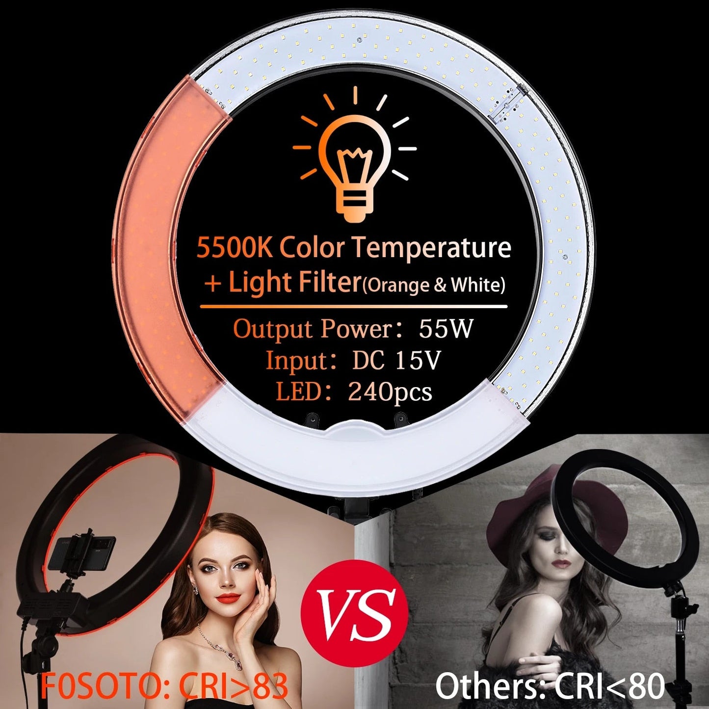 FOSOTO RL-18 Led Ring Light Pography Lamp 18 " Ring Lamp 55W Ringlight Wi image 5