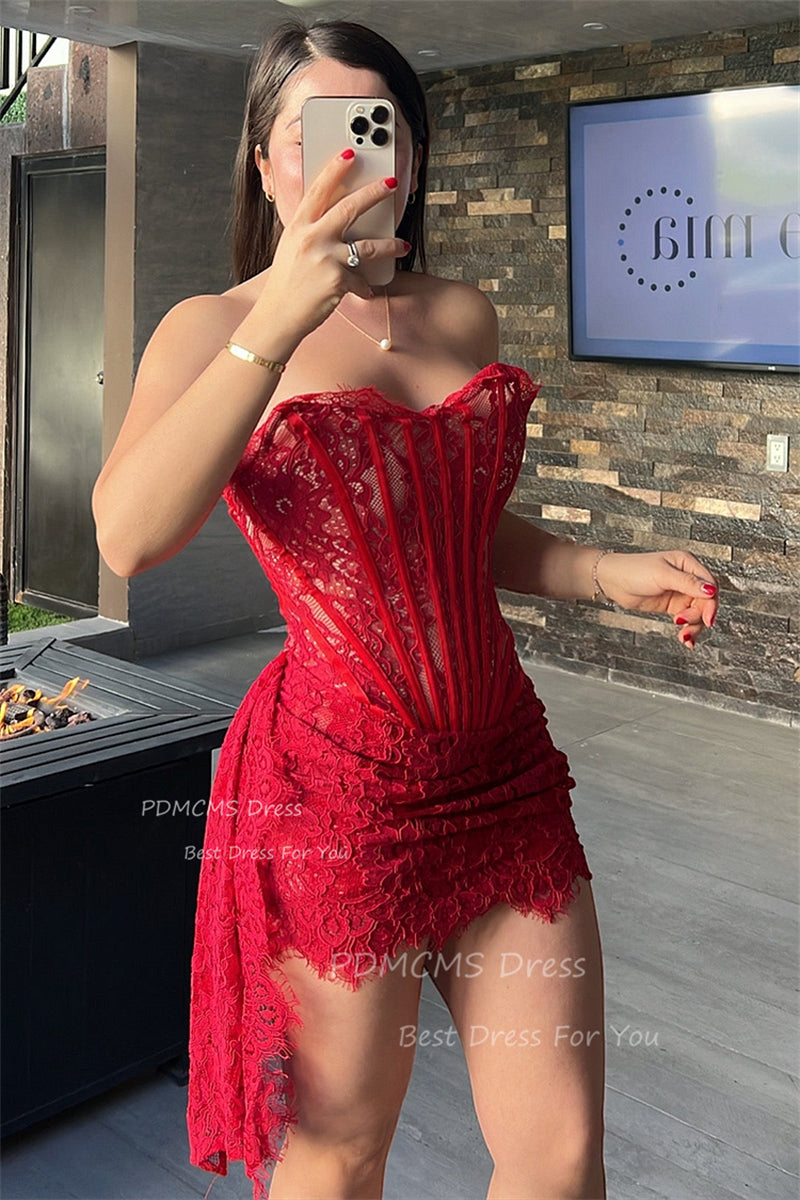 Red Strapless Lace Short Party Dresses Dubai Arabic Woman Cocktail Dress Blackg image 4