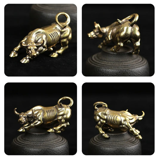 Brass Bull Figurine Mini Copper Cow Ox Statue Cattle Pendants Cow Charms Statue image 0