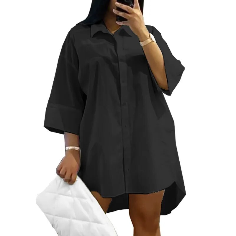 Plus Size 5XL Women Shirt Dress Solid Color Turn-down Collar Summer Mini Dress