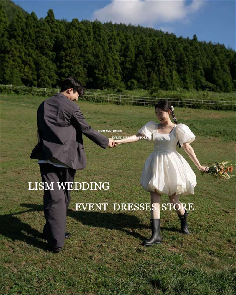 USA Essentials Simple Wedding Dresses Square Collar Short Puff Sleeves A-Line Knee Length image 2