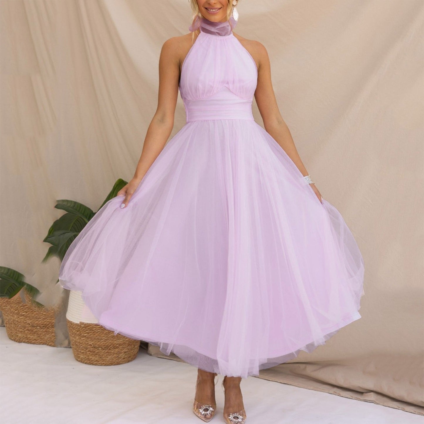  Halter Holiday Party Dress Women Off Shoulder Mesh Backless Pleated Dress  image 1